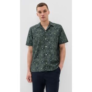 Rhone Mens L Shirt Camp Collar Navy Green Floral Stretch Twill Anti-Odor